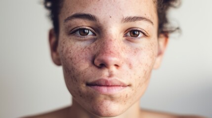 Obraz premium European lady confidently gazes at the camera, highlighting her flawed skin against a beige backdrop.