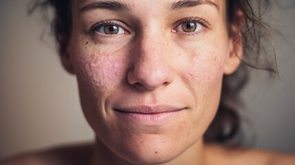 European lady gazes into the camera, showcasing her imperfect skin on a beige backdrop.