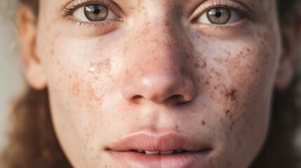 Imperfect skin takes the spotlight as a European woman poses against a studio light beige background.