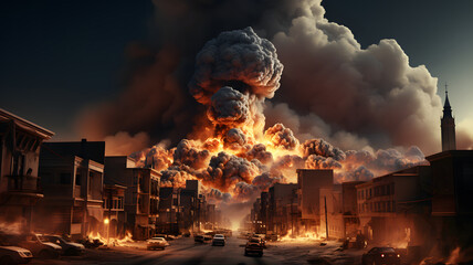 Terrible explosion of a bomb with a mushroom in the city. Hydrogen bomb test. Catastrophe - obrazy, fototapety, plakaty