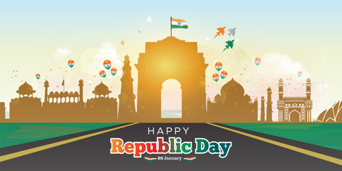 Republic day skyline of India gate. 26 january celebration and parade background.