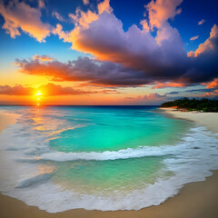 Fototapeta na wymiar Generative AI tropical beach in sunset