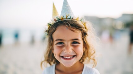 A little girl pupil wears a smile while celebrating at a beach.