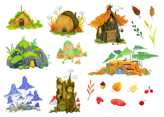 set of decorative elements - small forest houses and autumn leaves and grass on a white background