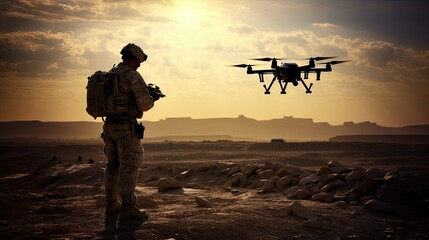 Silhouette photo of military soldier controlling UAV or drone in war battle filed for spy survey enemy territory area and weapon and troop size. Remote control from distant vehicle technology in war. - obrazy, fototapety, plakaty