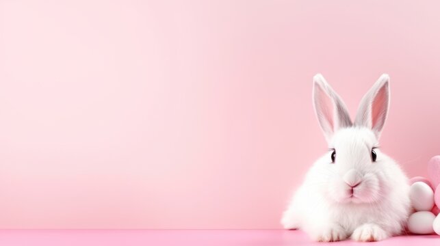 white easter bunny rabbit with pink background copy space