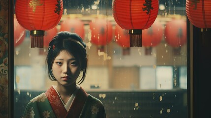 A Woman in a Kimono Amidst Traditional Lanterns