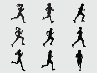 Run. Set of silhouettes of running men and women. Active people