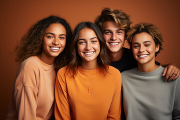 Fototapeta premium Group of friends in relaxed poses against an orange studio setting, radiating warmth and camaraderie. Generative Ai.