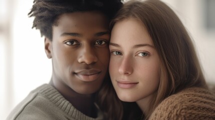 Man and woman expressing love through a comforting embrace.