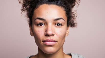 Studio-lit closeup of a Moroccan woman with natural flaws in her skin, confidently facing the camera.
