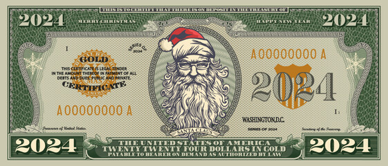 Vector obverse of banknote of denomination 2024 US dollars. Portrait of a stern Santa Claus with a big beard. Merry Christmas and Happy New Year. Holiday gold certificate. Frame with guilloche pattern - obrazy, fototapety, plakaty