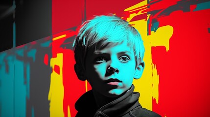 Fototapeta premium Young Boy Poses in Front of Vibrant Wall