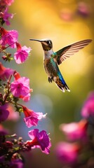 Fototapeta premium A hummingbird flying through the air next to pink flowers. Generative AI.