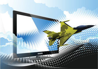 Blue dotted background with Flat computer monitor and air force combat. Display. Vector illustration