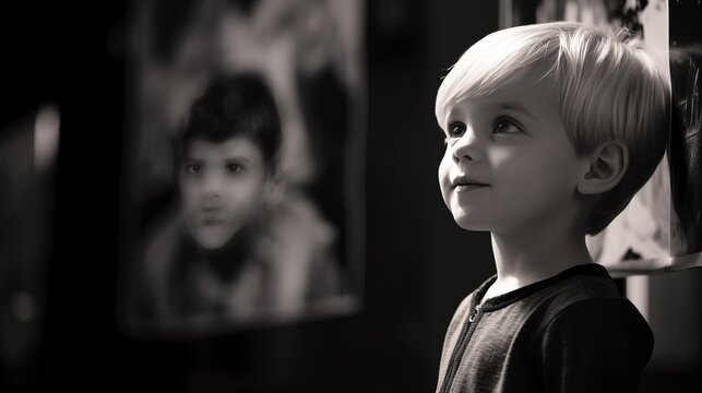 A Young Boy Next to a Wall of Pictures
