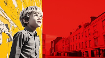 Boy Posed in Front of Vibrant Red and Yellow Wall
