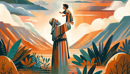 Illustration of Abraham and Isaac, Biblical story, warm tones.