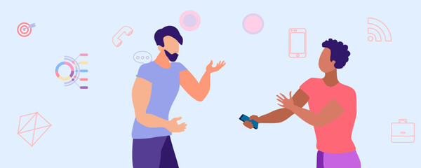 Successful business cooperation. People. Businessmen are considering the way to achieve a goal. Data and KPIs for marketing and business analytics. Modern flat vector illustration.