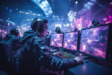 A fast and furious e-sports competition, showcasing the skill and strategy involved in competitive gaming. Generative Ai. - obrazy, fototapety, plakaty