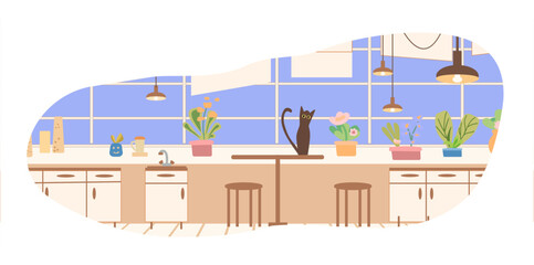 Pet cats and dogs in home apartment. Happy domestic animals flat vector illustration. Interior. Friendship, love for pet concept for banner, website design or landing web page