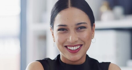 Face, business woman and smile in office for professional career, pride and corporate law firm in Colombia. Portrait of happy employee, lawyer and attorney working with confidence in legal agency