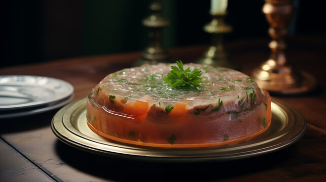 
Ukrainian traditional dish Meat aspic , holodets, modern food photography in rustic style