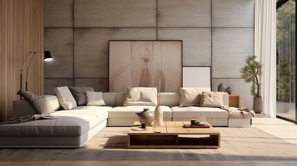 Classy living room with wooden walls and floor, sofa and wooden table. Created with Ai