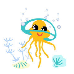 Cute transparent jellyfish with bubbles, seashells and seaweed underwater. Vector illustration of marine life character