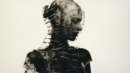Entangled - B&W Portrait of Female Model in Dystopian Fashion Outfit with Semi-Transparent Head and Shoulder Covering, Divided by Multi-Tiered Membranous Cells Creating Enveloping Sections