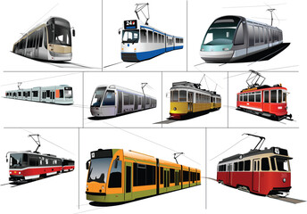 City transport. Ten kinds of Tram. Vintage and modern. Vector illustration