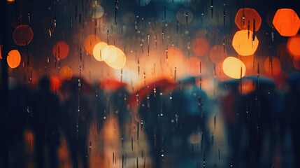 A blurry photo of people walking in the rain. Generative AI.