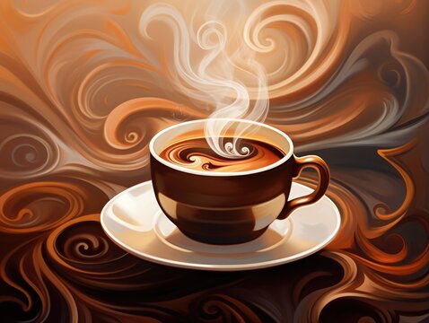 A painting of a cup of coffee on a saucer. Generative AI.