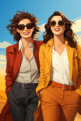 Female lesbian friend hug. Women embracing each other, expressing love, affection, support. Illustration for friendship