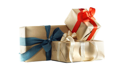 Self-wrapped Christmas presents in brown wrapping paper with a bow in blue, red and gold colors,...