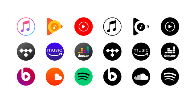 Music services logos icons. Collection of popular music services. Editorial logos icons. Isolated music services set. Vector icons