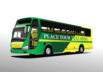 Green-yellow  City bus on the road. Coach. Vector 3d hand drawn  illustration