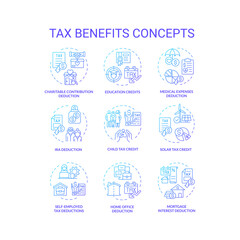 Tax benefits blue gradient concept icons. Financial planning. Fiscal policies. Tax relief and deduction. Types of tax credits. Icon pack. Vector images. Round shape illustrations. Abstract idea