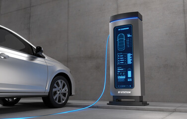 Electric car is charging the battery at the EV charging station