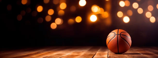  basketball ball  ball isolated on wooden table with blurred  christmas  lights in the background, horizontal wallpaper or banner, large copy space for text. sport and show concept  © XC Stock