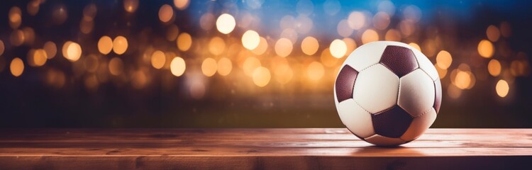 soccer ball isolated on wooden table with blurred  stadium lights in the background, horizontal...