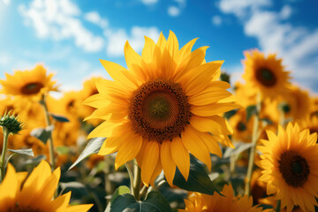 Obraz premium A gentle breeze wafting through a sunflower field, carrying the sweet aroma of vibrant yellow blooms. Concept of floral abundance. Generative Ai.