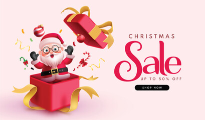 Christmas sale text vector banner design. Christmas shopping discount promo offer with santa claus character in open surprise box xmas decoration. Vector illustration holiday season shopping 