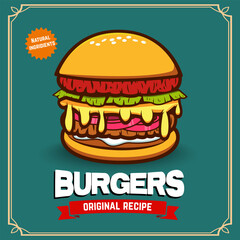 Old style poster with burger. Food vintage poster. Fast food. Vector illustration.