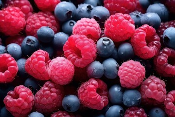 Raspberry and blueberry from the refrigerator, frozen berries, berries covered with frost.