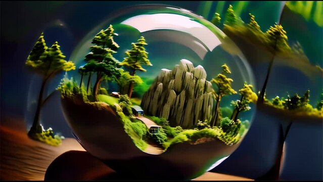 a miniature natural environment teeming with lush trees and vegetation encapsulated within glass domes
