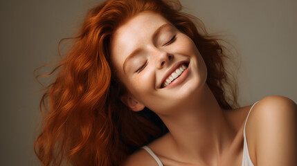 Happy woman with ginger hair and flawless skin smiling with her eyes closed. generative ai.