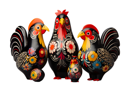 12 animal designations PNG: a figurine of a lovely chicken family, Very cute with colorful designs, Chinese traditional folk mud dog art style, in the style of woodcarvings