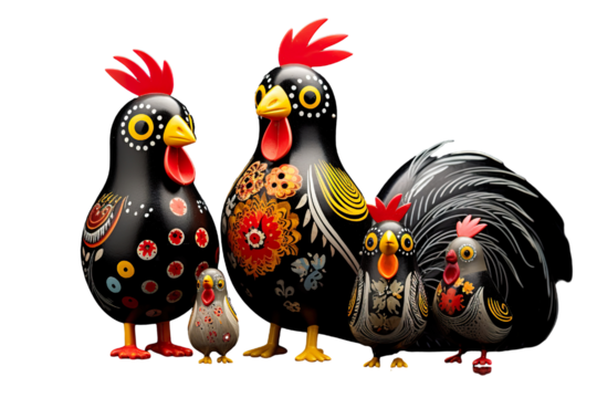 12 animal designations PNG: a figurine of a lovely chicken family, Very cute with colorful designs, Chinese traditional folk mud dog art style, in the style of woodcarvings