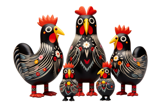 12 animal designations PNG: a figurine of a lovely chicken family, Very cute with colorful designs, Chinese traditional folk mud dog art style, in the style of woodcarvings